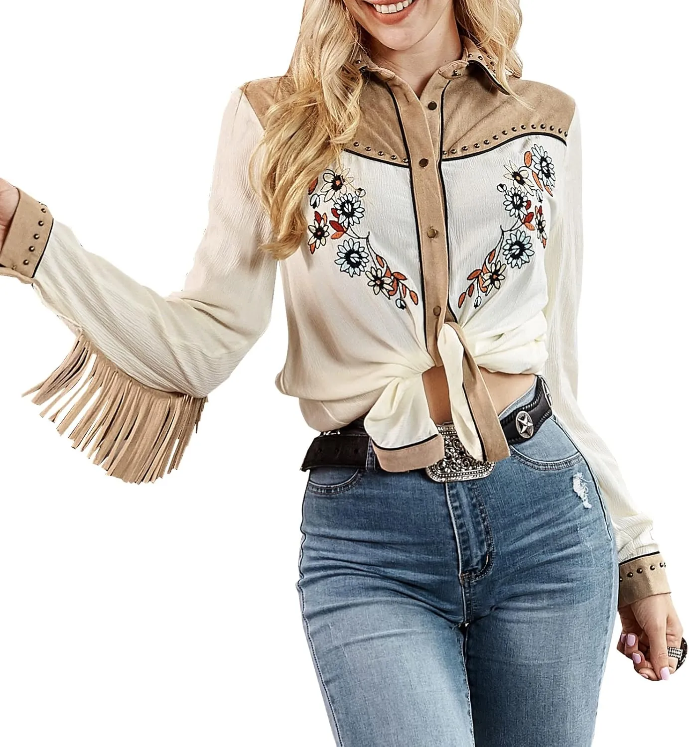 JOHN MOON Women's Embroidered Western Long Sleeve Buttons Down Shirts Collared Retro Casual Blouses Shirts