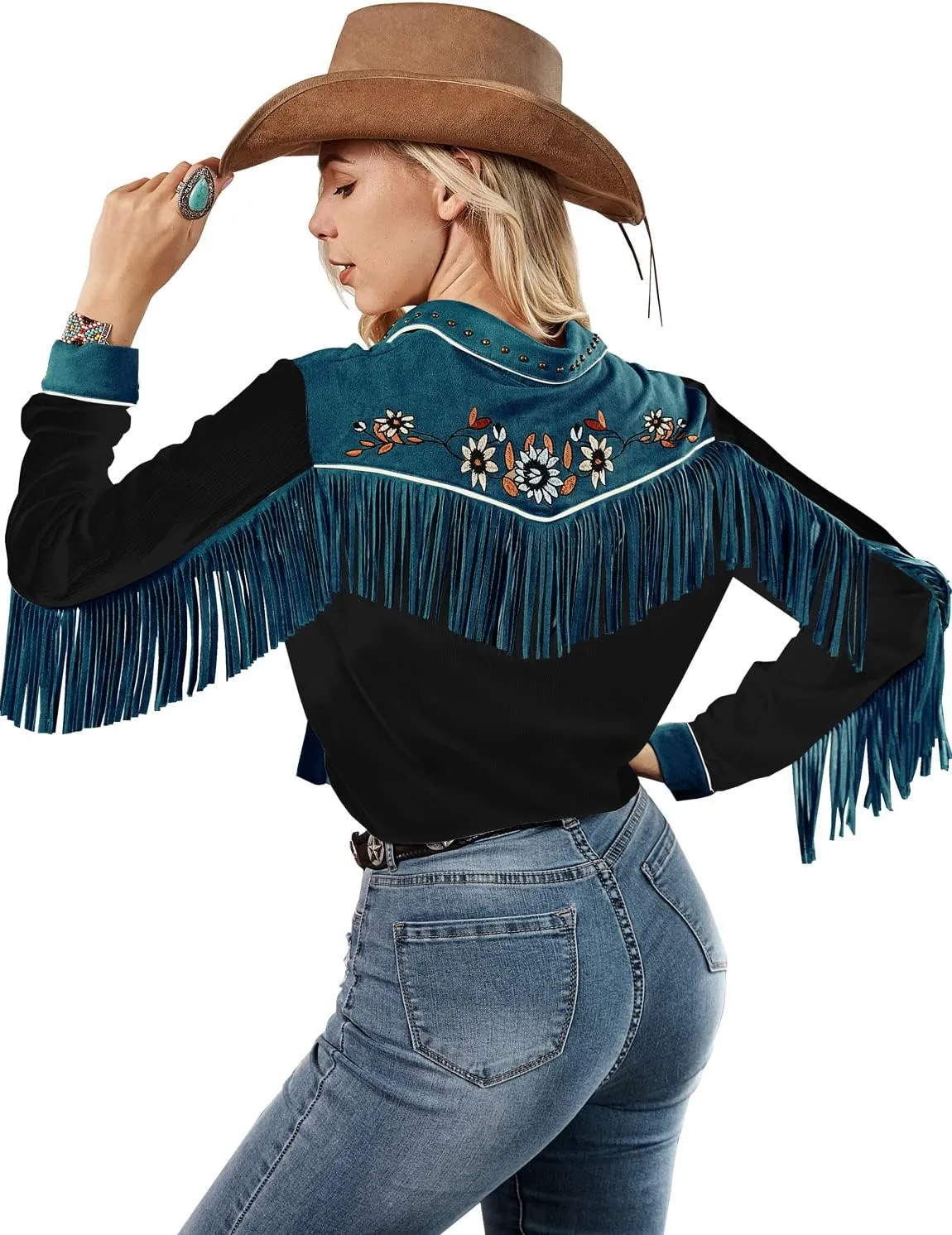 JOHN MOON Women's Embroidered Western Long Sleeve Buttons Down Shirts Collared Retro Casual Blouses Shirts