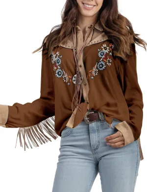 JOHN MOON Women's Embroidered Western Long Sleeve Buttons Down Shirts Collared Retro Casual Blouses Shirts