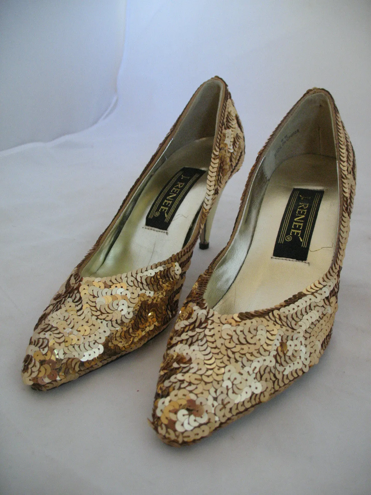 J.RENEE New With Defect Womens Metallic Yellow Gold Sequin Shoes 3in High Heels Sequins Upper Ladies Classics Pumps Size 6M 6 M