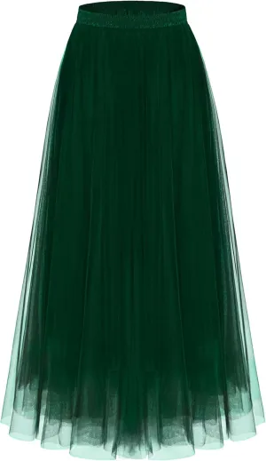 Kingfancy Women's Winter Skirts 2 Layered Tulle Tiered Long Skirts Elastic Waist A-Line Midi Skirts