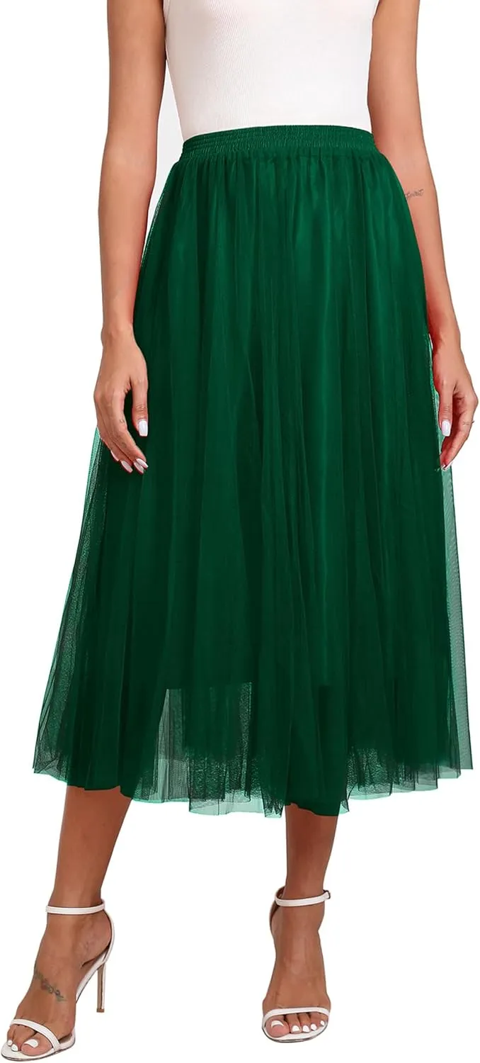 Kingfancy Women's Winter Skirts 2 Layered Tulle Tiered Long Skirts Elastic Waist A-Line Midi Skirts