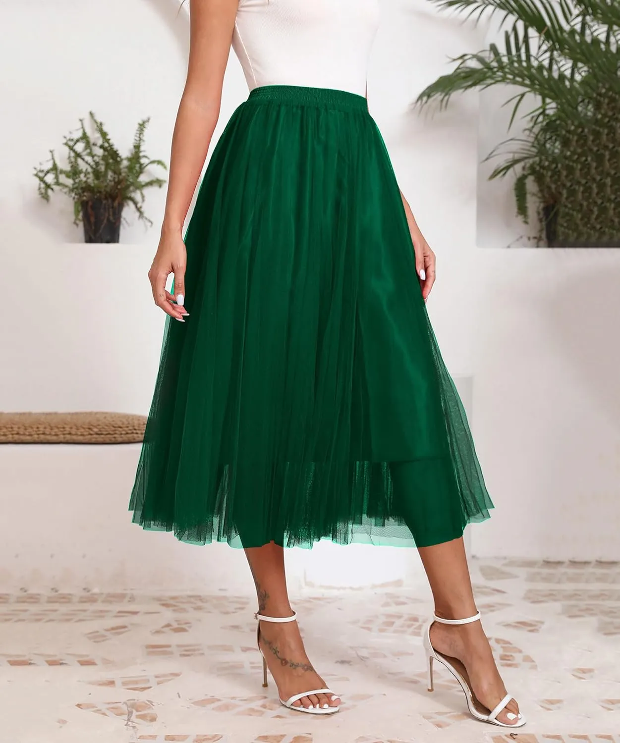 Kingfancy Women's Winter Skirts 2 Layered Tulle Tiered Long Skirts Elastic Waist A-Line Midi Skirts