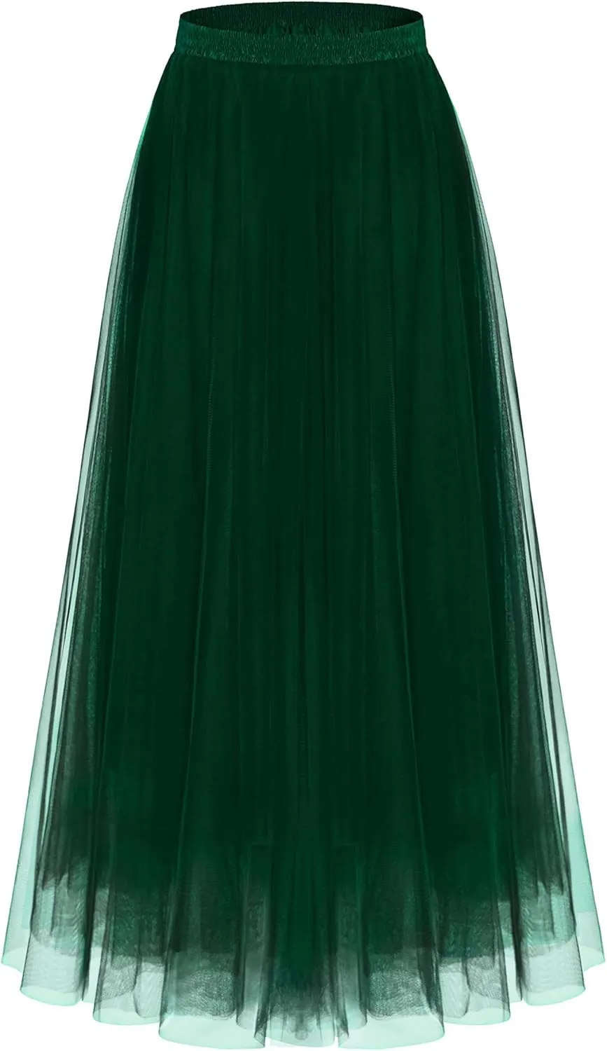 Kingfancy Women's Winter Skirts 2 Layered Tulle Tiered Long Skirts Elastic Waist A-Line Midi Skirts