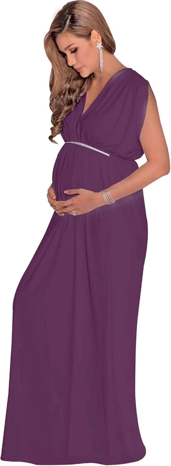 KOH KOH Womens Long Short Sleeve V-Neck Maternity Summer Flowy Gown Maxi Dress