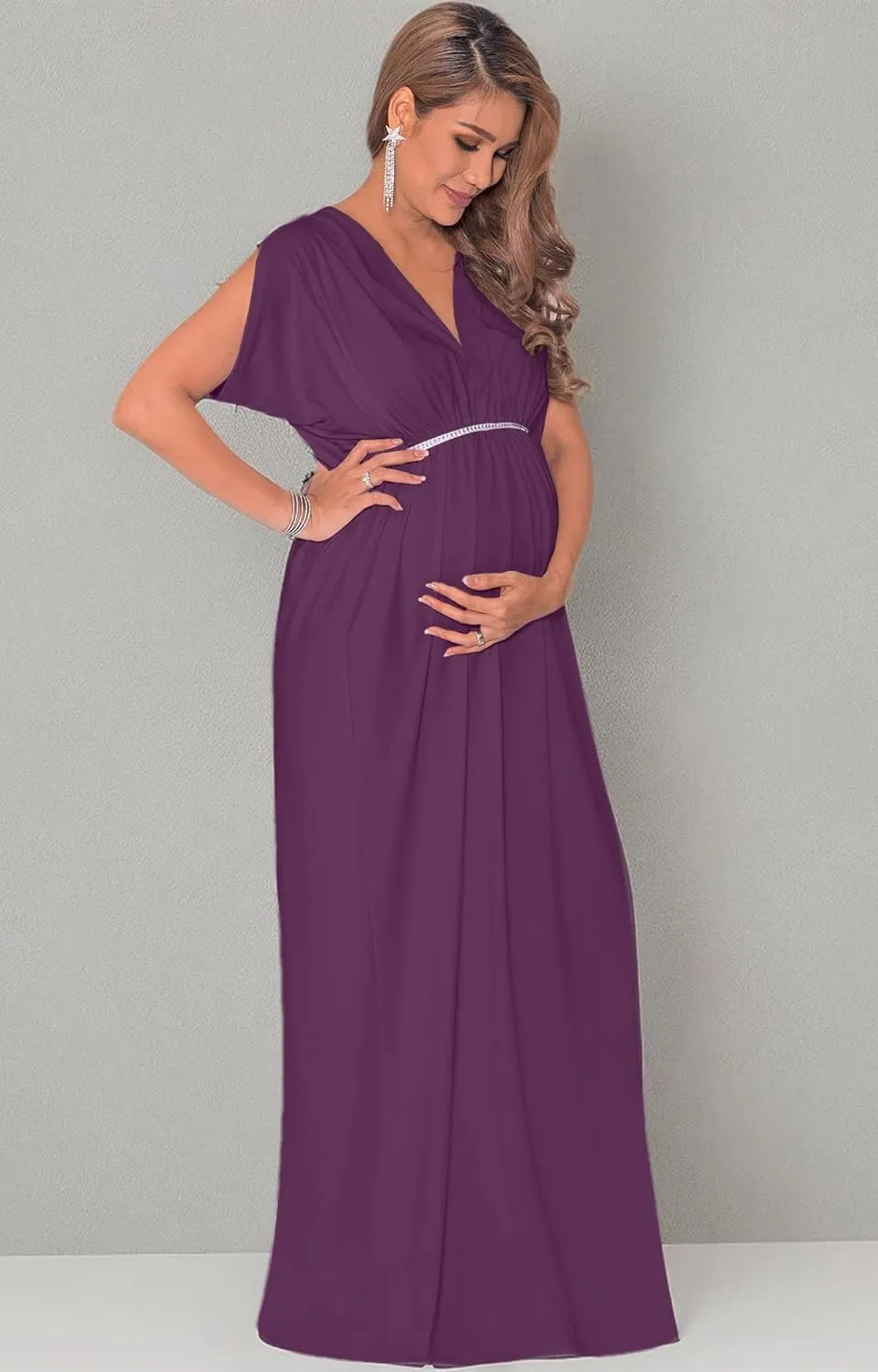 KOH KOH Womens Long Short Sleeve V-Neck Maternity Summer Flowy Gown Maxi Dress