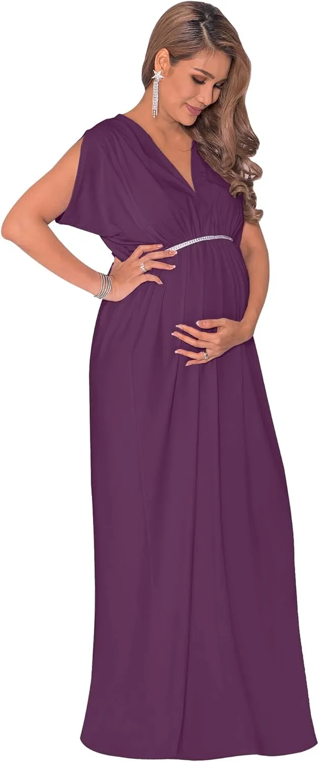 KOH KOH Womens Long Short Sleeve V-Neck Maternity Summer Flowy Gown Maxi Dress
