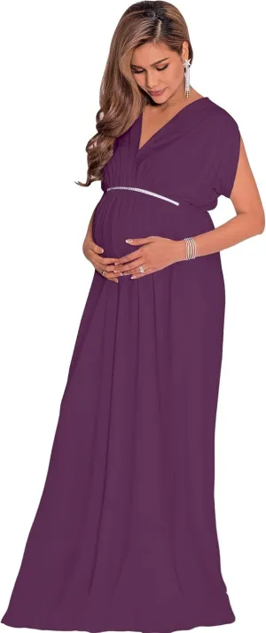 KOH KOH Womens Long Short Sleeve V-Neck Maternity Summer Flowy Gown Maxi Dress