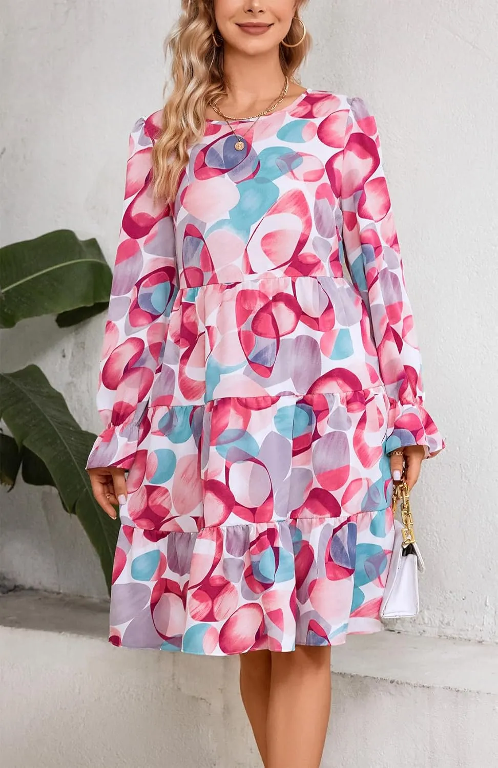 Kormei Womens Boho Floral Ruffles Babydoll Casual Loose Swing Short Mini T-Shirt Dress