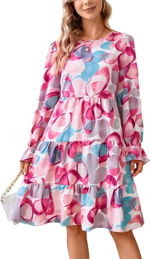 Kormei Womens Boho Floral Ruffles Babydoll Casual Loose Swing Short Mini T-Shirt Dress