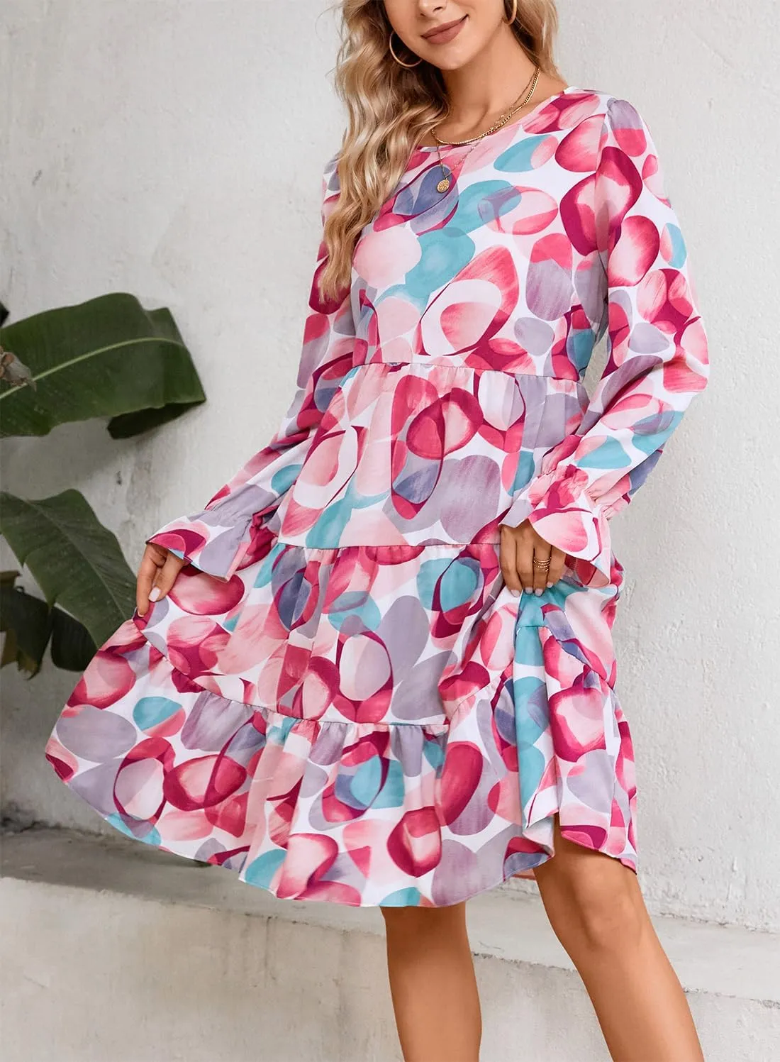 Kormei Womens Boho Floral Ruffles Babydoll Casual Loose Swing Short Mini T-Shirt Dress