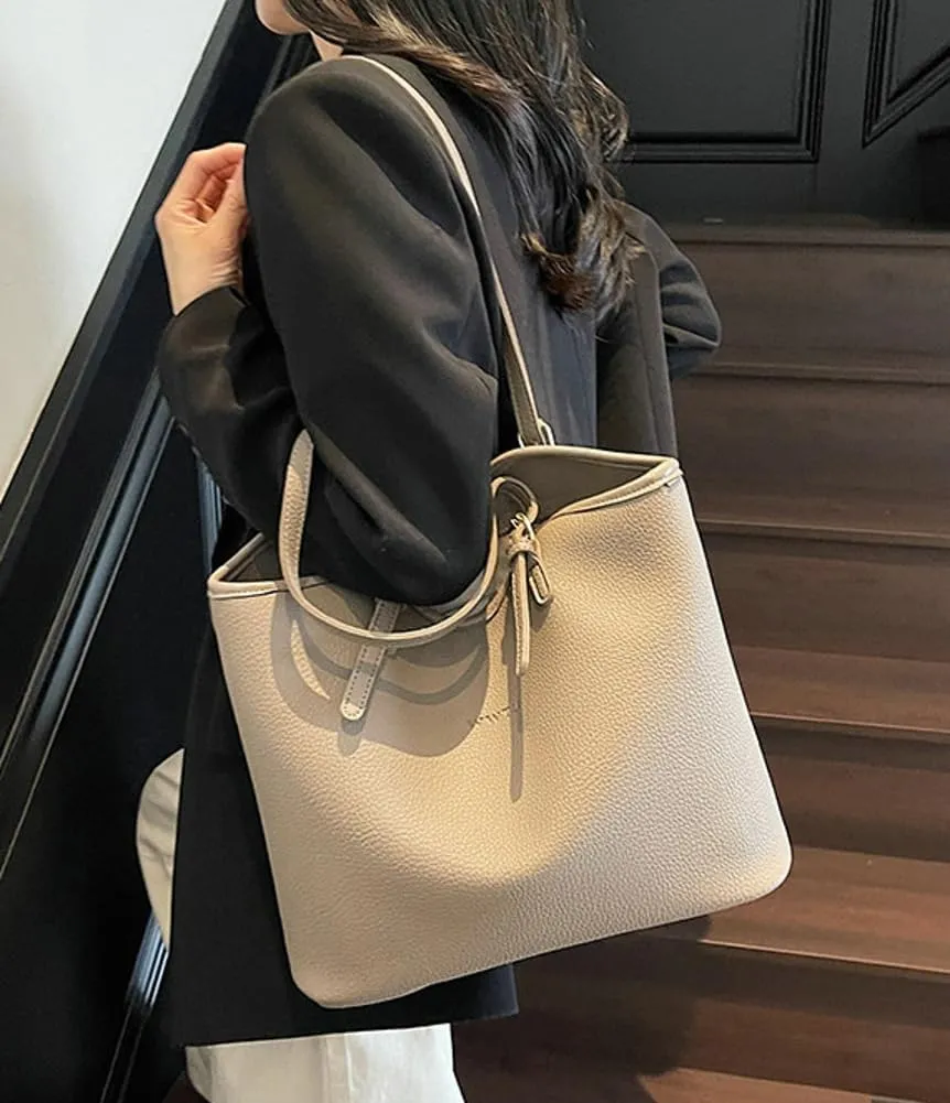 Large PU Leather Tote Bag for Women Zipper Shoulder Handbag Casual Satchel for Work Dating College