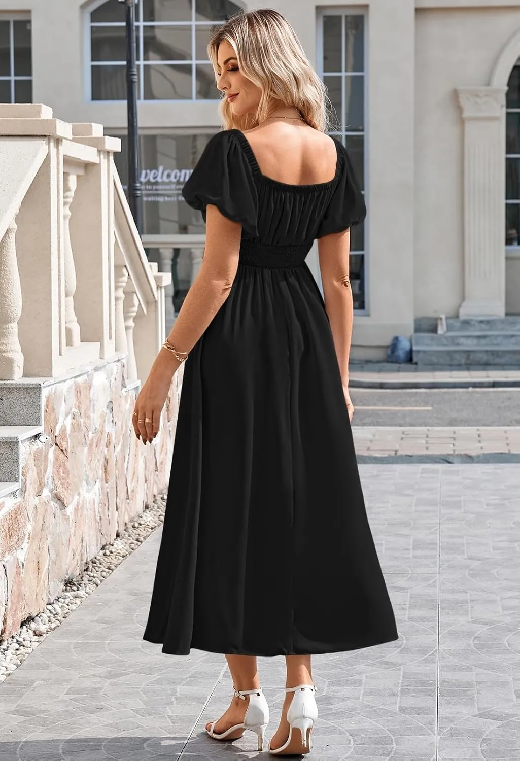 Linsery Women's Summer Square Neck Short Puff Sleeve Casual Smocked Flowy A Line Midi Dress