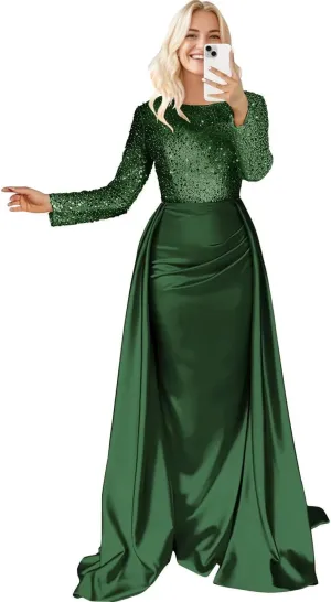 Long Sleeve Satin Prom Dresses for Women 2025 Mermaid Sequin Mock Neck Formal Evening Party Gown with Slit