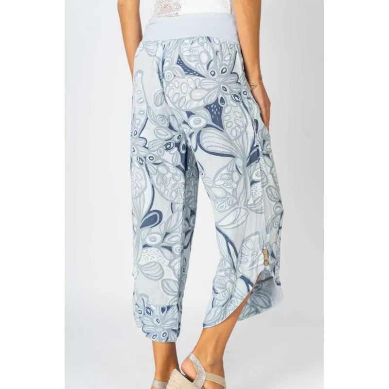 Look Mode Italian Linen Crop Pant  Blue Silver Floral Print