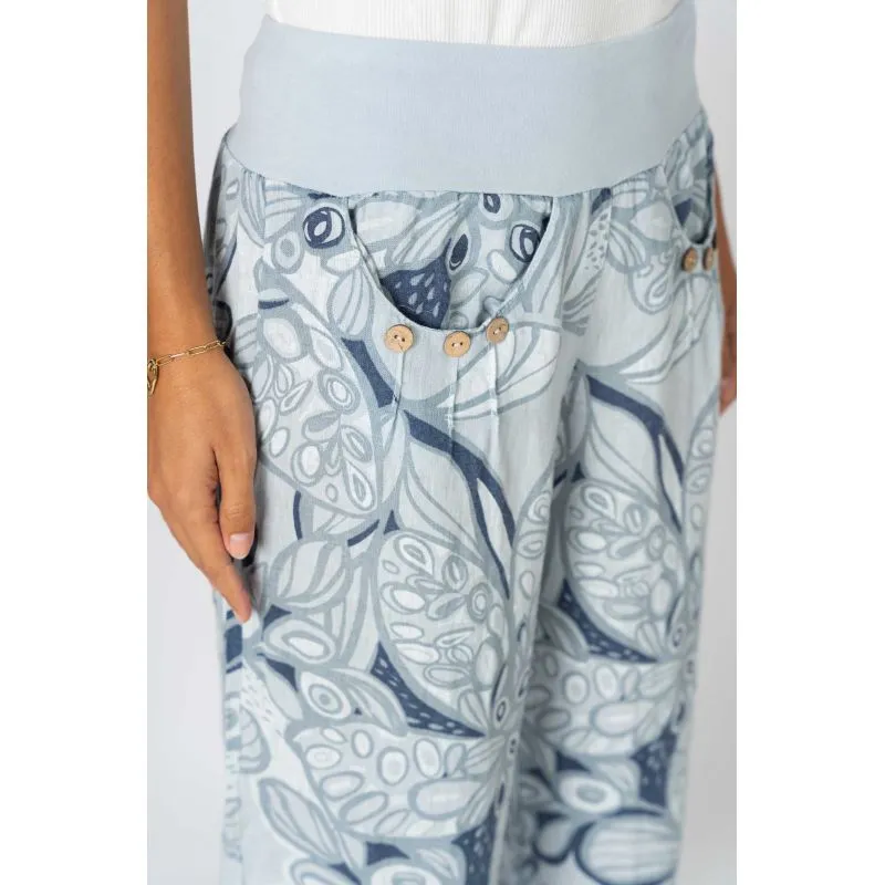 Look Mode Italian Linen Crop Pant  Blue Silver Floral Print