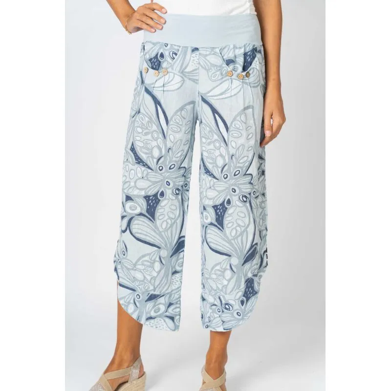 Look Mode Italian Linen Crop Pant  Blue Silver Floral Print