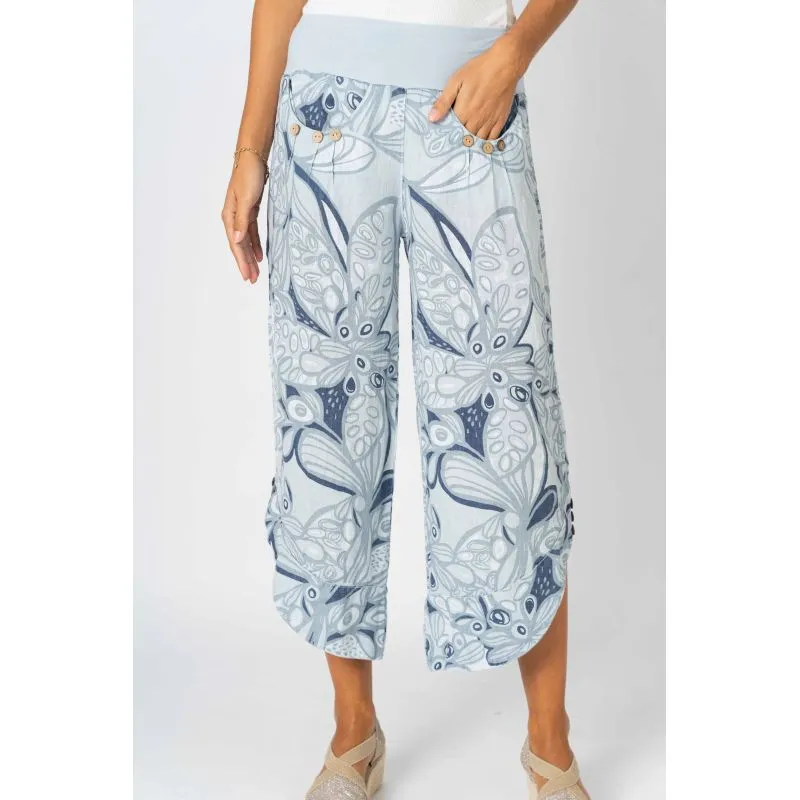 Look Mode Italian Linen Crop Pant  Blue Silver Floral Print