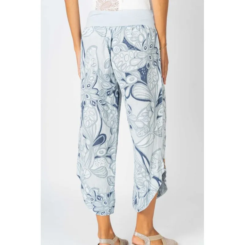 Look Mode Italian Linen Crop Pant  Blue Silver Floral Print