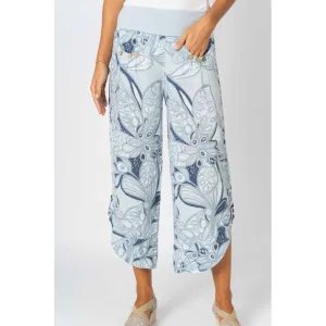 Look Mode Italian Linen Crop Pant  Blue Silver Floral Print