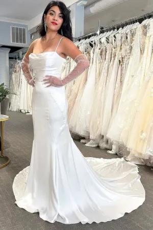 Luolandi Mermaid White Cowl Neck Silk Satin Wedding Dresses Open Back Sexy Without Gloves