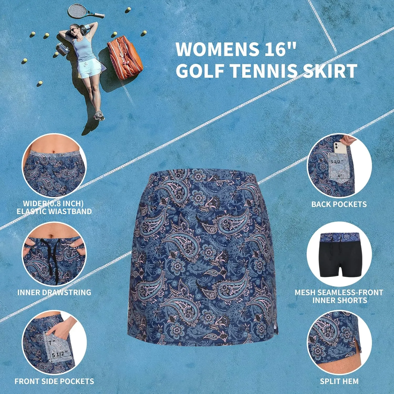 M MOTEEPI 16" Golf Skirt for Women Tennis Skirt with 4 Pockets High Waisted Athletic Skorts Skirts