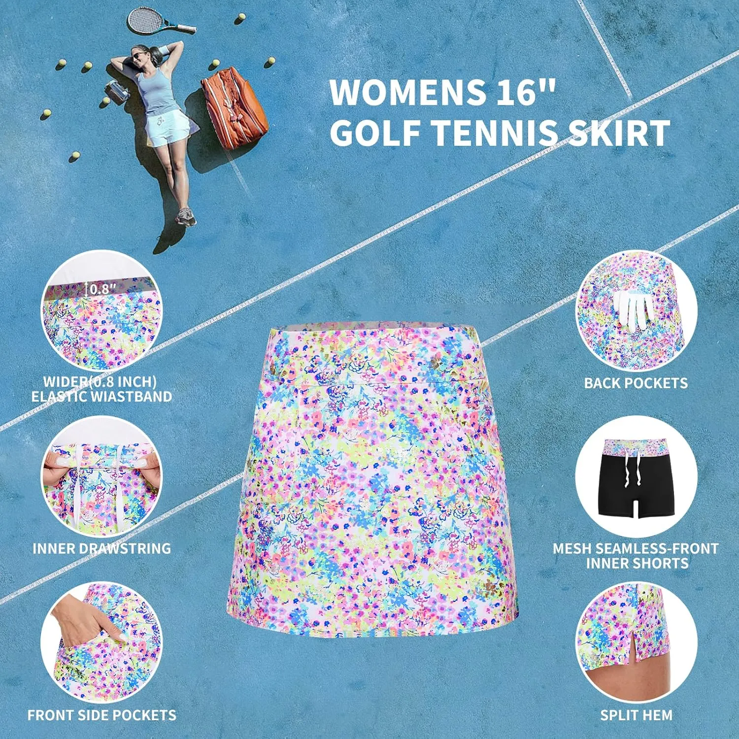 M MOTEEPI 16" Golf Skirt for Women Tennis Skirt with 4 Pockets High Waisted Athletic Skorts Skirts