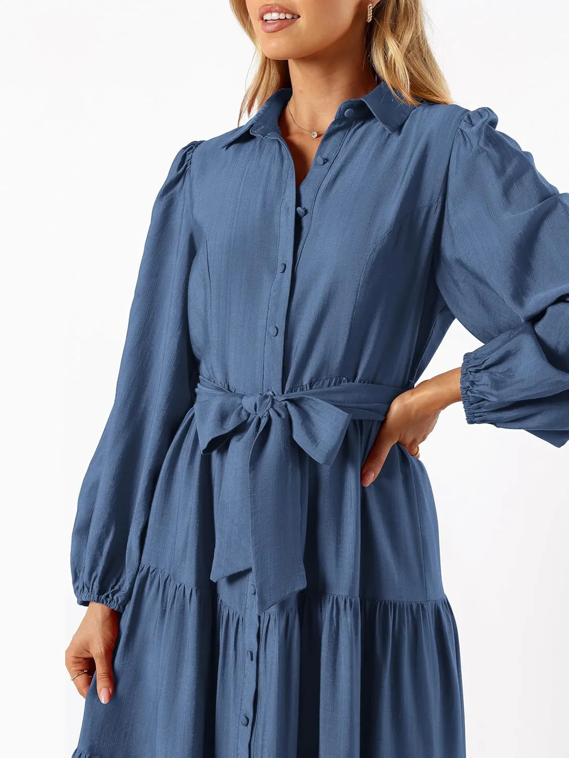 MASCOMODA Womens Dresses 2025 Fall Long Sleeve Midi Dress Casual V Neck Button Down Tiered Flowy Aline Tie Waist Shirt Dress