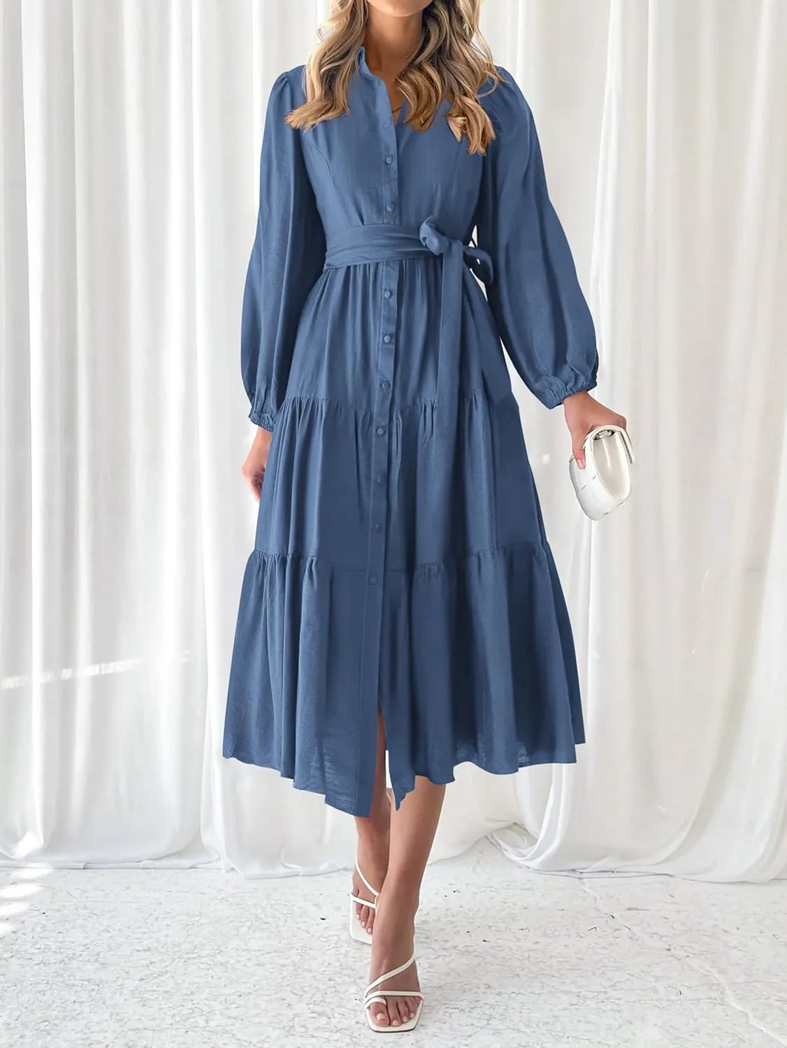 MASCOMODA Womens Dresses 2025 Fall Long Sleeve Midi Dress Casual V Neck Button Down Tiered Flowy Aline Tie Waist Shirt Dress