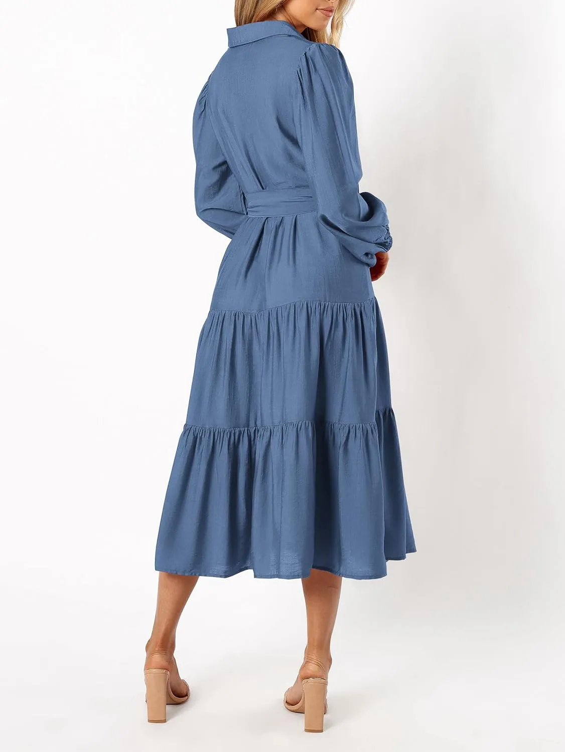 MASCOMODA Womens Dresses 2025 Fall Long Sleeve Midi Dress Casual V Neck Button Down Tiered Flowy Aline Tie Waist Shirt Dress
