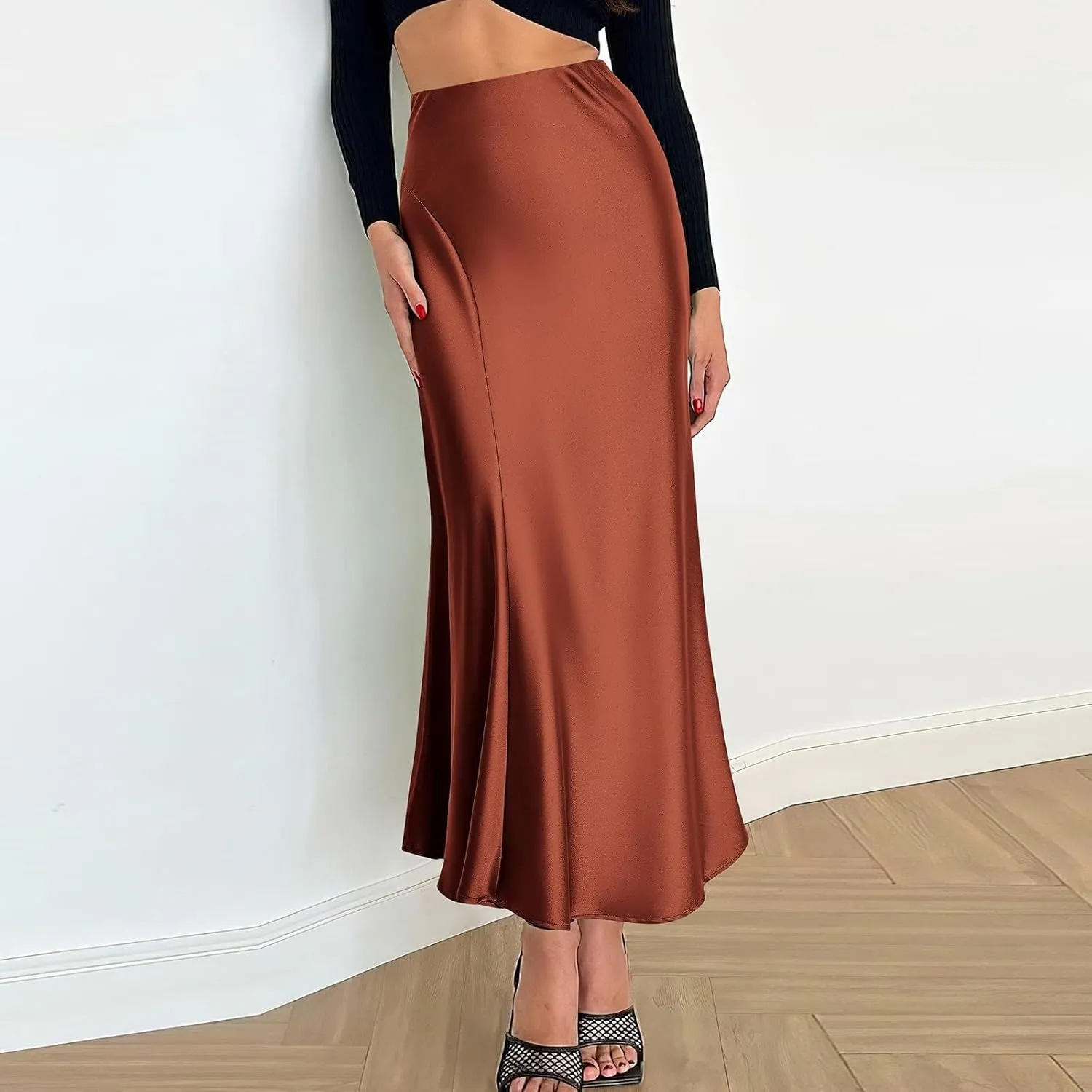 Maxi Skirts for Women 2025 Summer Vacation Satin Elastic High Waisted A Line Slip Skirt Elegant Work Office Flowy Long Skirt