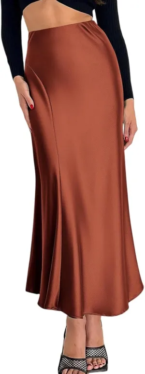 Maxi Skirts for Women 2025 Summer Vacation Satin Elastic High Waisted A Line Slip Skirt Elegant Work Office Flowy Long Skirt