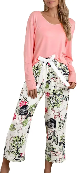 MBWTRP Women's Pajama Sets Plaid Checked Loungewear Set Long Sleeve Cotton Top and Pants Floral Printed Sleepwear for Ladies