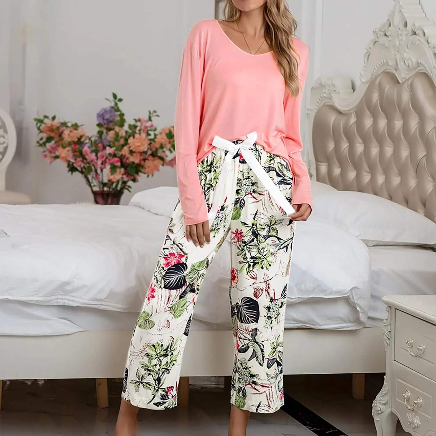 MBWTRP Women's Pajama Sets Plaid Checked Loungewear Set Long Sleeve Cotton Top and Pants Floral Printed Sleepwear for Ladies