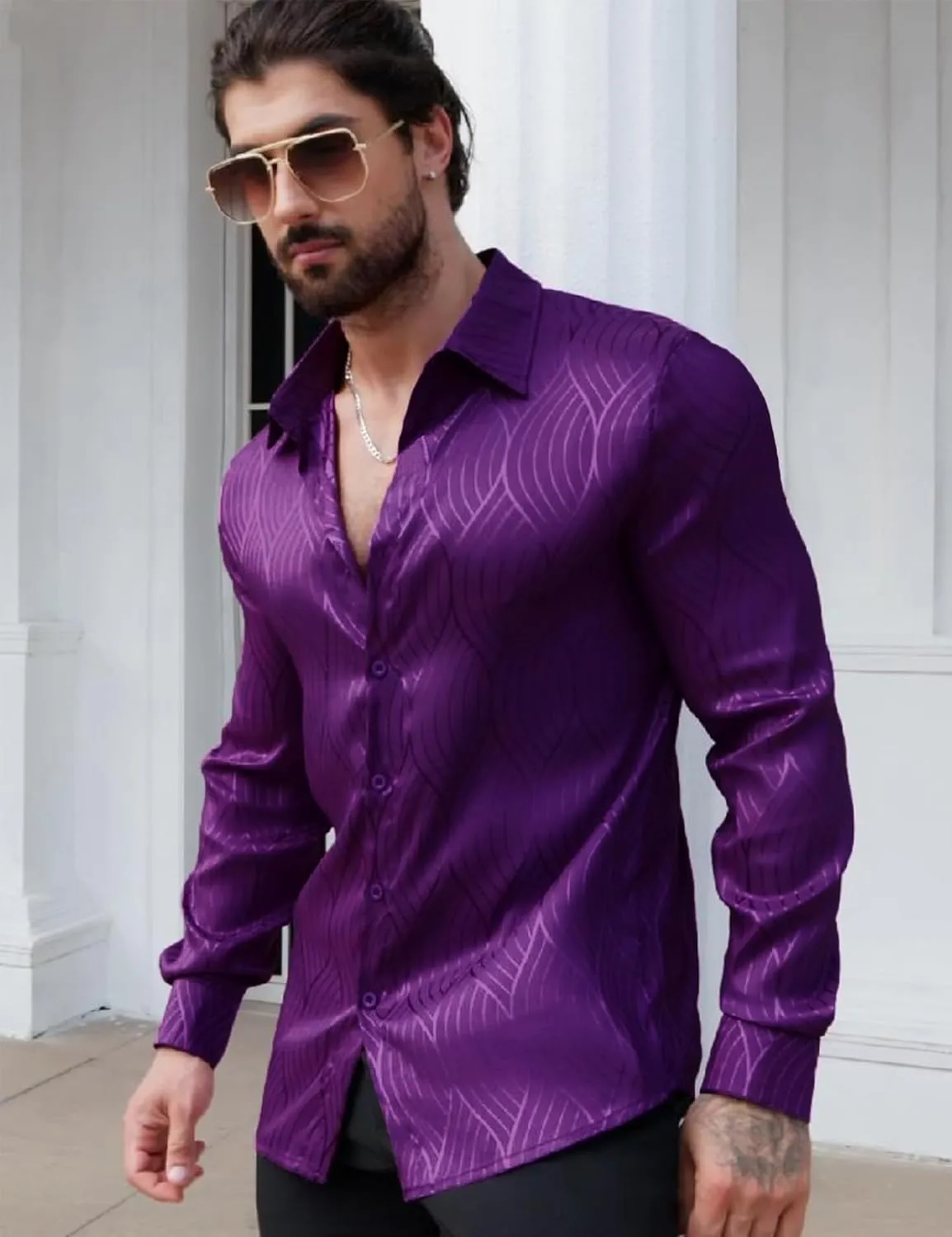Men Metallic Satin Dress Shirt Luxury Jacquard Long Sleeve Casual Button Down Shirts Silk Shirts