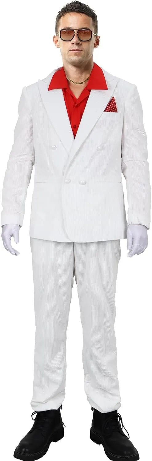 Men Tony Montana Costume Gangster White Suit Shirt Blazer Pants Glasses Gloves Halloween 1980s Movie Cosplay Outfit (XX-Large)