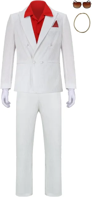 Men Tony Montana Costume Gangster White Suit Shirt Blazer Pants Glasses Gloves Halloween 1980s Movie Cosplay Outfit (XX-Large)