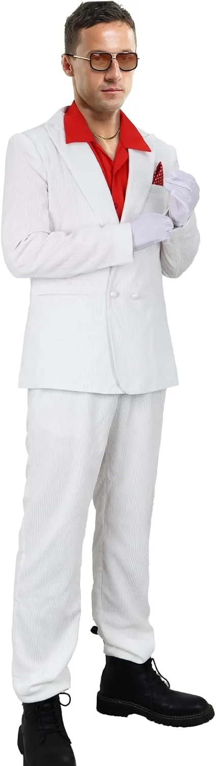 Men Tony Montana Costume Gangster White Suit Shirt Blazer Pants Glasses Gloves Halloween 1980s Movie Cosplay Outfit (XX-Large)