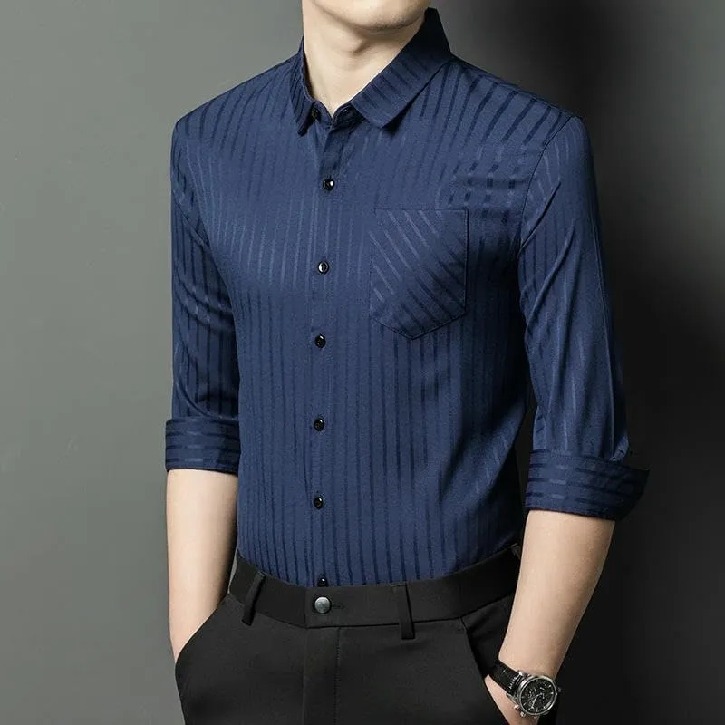 Men's Linen Striped Long Sleeve Casual Trendy Business Shirt