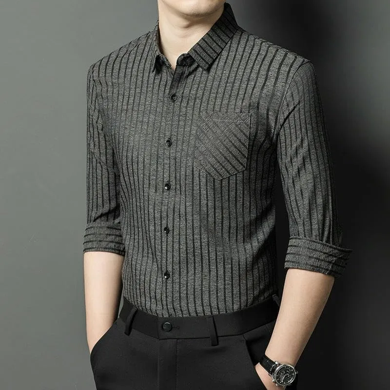 Men's Linen Striped Long Sleeve Casual Trendy Business Shirt