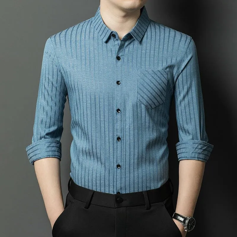 Men's Linen Striped Long Sleeve Casual Trendy Business Shirt