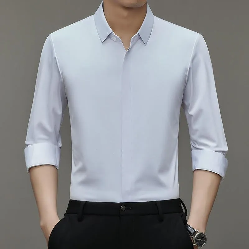 Men's Long Sleeve Lapel Shirt Autumn Solid Color Seamless Elastic Casual Top Middle-Aged