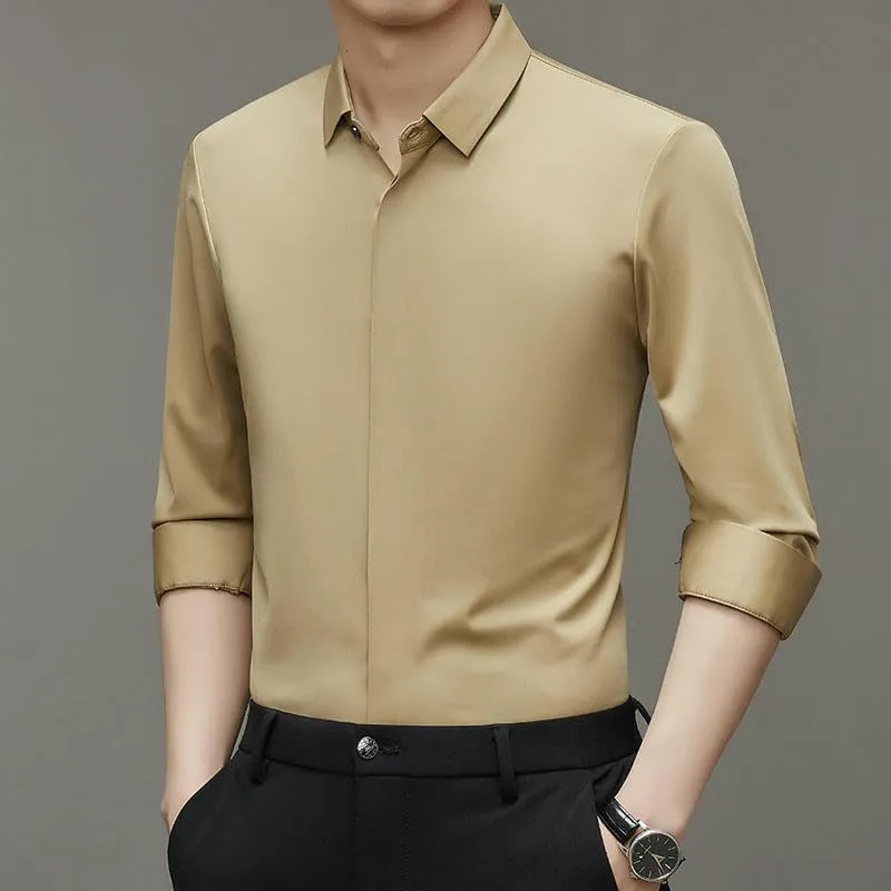 Men's Long Sleeve Lapel Shirt Autumn Solid Color Seamless Elastic Casual Top Middle-Aged
