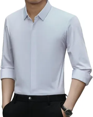 Men's Long Sleeve Lapel Shirt Autumn Solid Color Seamless Elastic Casual Top Middle-Aged