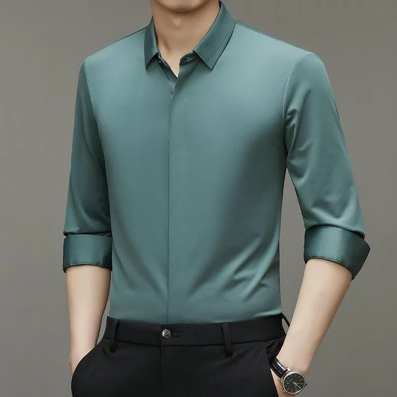 Men's Long Sleeve Lapel Shirt Autumn Solid Color Seamless Elastic Casual Top Middle-Aged
