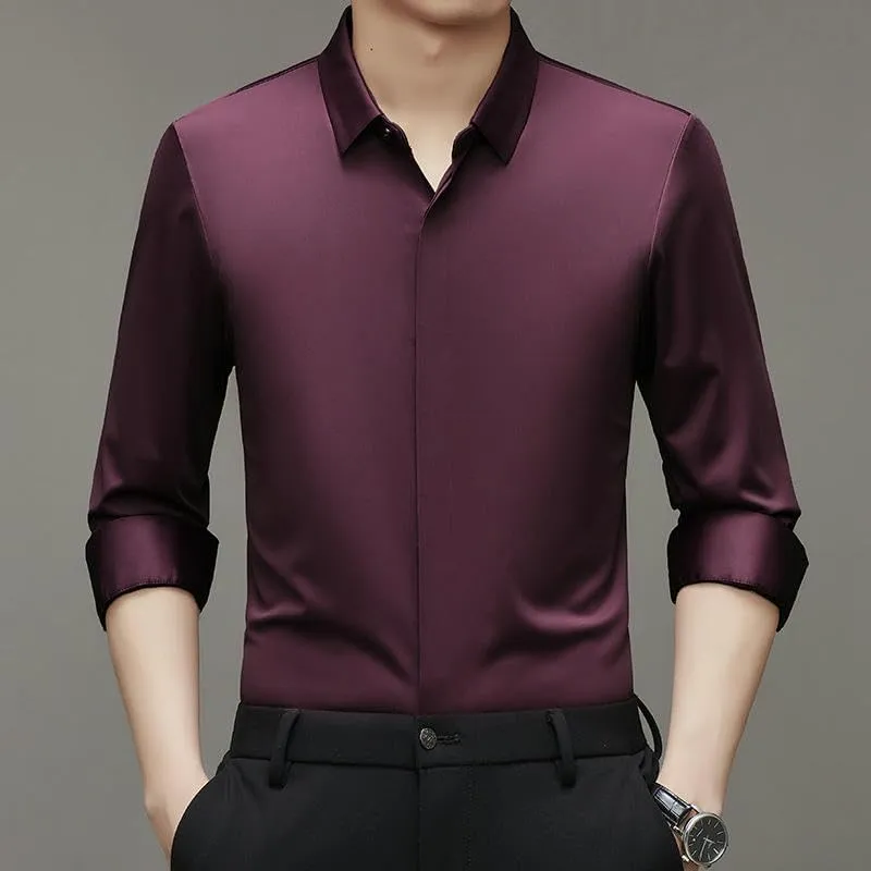 Men's Long Sleeve Lapel Shirt Autumn Solid Color Seamless Elastic Casual Top Middle-Aged