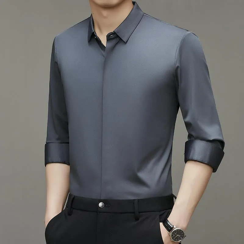 Men's Long Sleeve Lapel Shirt Autumn Solid Color Seamless Elastic Casual Top Middle-Aged