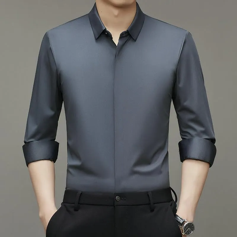 Men's Long Sleeve Lapel Shirt Autumn Solid Color Seamless Elastic Casual Top Middle-Aged