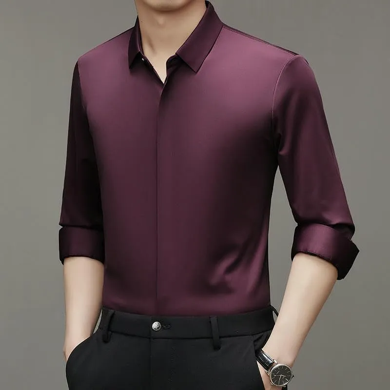 Men's Long Sleeve Lapel Shirt Autumn Solid Color Seamless Elastic Casual Top Middle-Aged