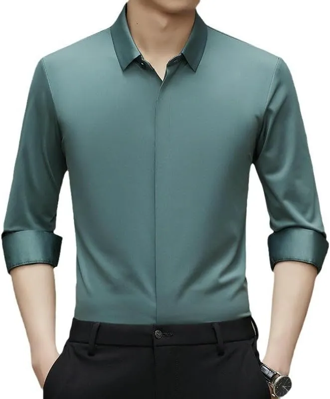 Men's Long Sleeve Lapel Shirt Autumn Solid Color Seamless Elastic Casual Top Middle-Aged